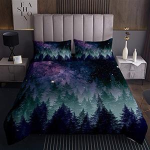 Loussiesd Copriletto trapuntato per ragazze motivo galassia trapuntato con stampa ad albero per bambini adolescenti paesaggi naturali traspirante chic con scenario di bosco trapuntato per camera sing170X230cm
