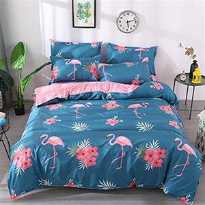 Loussiesd, Set di biancheria da letto con motivo di fenicotteri tropicali, copripiumino con motivo floreale blu e rosa, per ragazze, bambini, donne, decorazione per la camera da letto, copripiumino