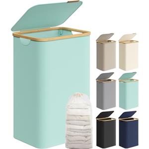 SONGMICS Cesto Portabiancheria con Coperchio, Cesta per Bucato, 90L, Salvaspazio, Sacco Rimovibile, Tessuto Oxford, Manici di Bambù, Pieghevole, 42 x 32 x 70,5 cm, Verde Menta LCB509C01