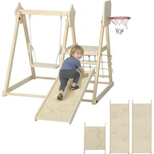AIYAPLAY Struttura da Arrampicata per Bambini 5 in 1, Parco Giochi in Legno con Scivolo, Pannello e Rete da Arrampicata, Altalena e Canestro, Gioco Montessori Educativi Pieghevole per Bambini 3-6 Anni