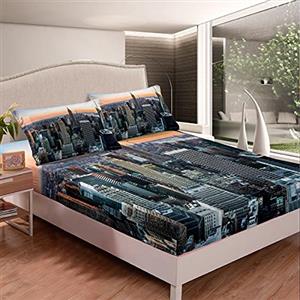 Loussiesd New York - Set di lenzuola, motivo: paesaggio urbano di Manhattan e paesaggio urbano, contemporaneo, artistico, tramonto, paesaggio, lenzuolo con angoli, 3 pezzi, per letto matrimoniale