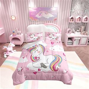 Loussiesd Set di biancheria da letto con unicorno, per bambine e ragazze, con cuore rosa, idea regalo con unicorno, Trapunta trapuntato, Bedding Piumino 200x200cm