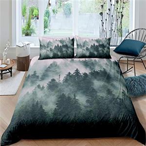 Loussiesd Set copripiumino con montagna fumosa, set di biancheria da letto con alberi della foresta e piante da giardino, trapunta,collezione camera da letto, 3 pezzi per letto matrimoniale