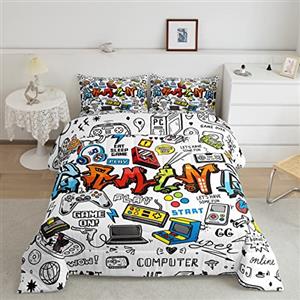 Loussiesd Gamer Set di biancheria da letto multicolore Graffiti Gamepad Biancheria da letto Piumone Giovani Uomo Bambini Piumino Hip Hop Set Trapunta Decorazione Camera 200x200cm