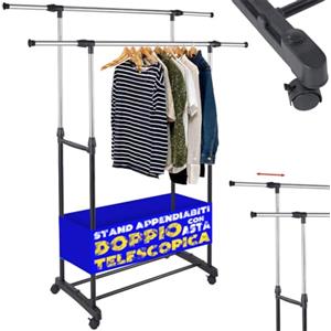 Shally Dogan Stand Appendiabiti in Acciaio con Ruote Girevoli a 360°, Attaccapanni Regolabile da Terra, Autoportante, Portabiti Organizzatore Vestiti, Ideale Negozio, Casa, Hotel (Doppio Telescopico)