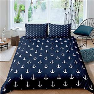 Loussiesd Anchor - Set di biancheria da letto matrimoniale, 3 pezzi, con ancora nautica, con copripiumino, colore blu brillante, con ancora nave, vita marina, copriletti decorativi morbidi e ragazze