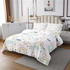Loussiesd Copriletto trapuntato con stampa di luna e stelle stile bohémien per bambini ragazzi ragazze graziose nuvole e arcobaleno 2 pezzi per letto 170X230cm
