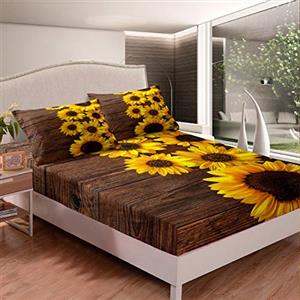 Loussiesd set di lenzuola con girasole gialle, stampa floreale botanica, per bambini, donne, adulti, 3D, set di biancheria da letto con angoli e fiori di girasole, 3 pezzi, per letto matrimoniale