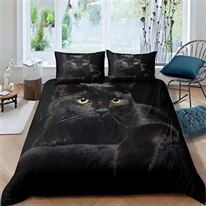 Loussiesd Set di biancheria da letto con motivo gatto, set copripiumino per letti singoli, simpatico cucciolo, copripiumino leggero in microfibra, decorazione gatto nero misterioso
