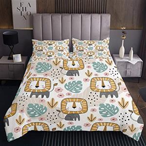 Loussiesd Set di copriletto con leone per bambini ragazzi ragazze animali selvatici trapuntato per bambini in stile selvatico copriletto ultra morbido con foglie di palma trapuntate taglia unica170X230cm