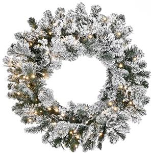 Aurora Store Ghirlanda Natalizia Innevata con 15 LUCI LED Bianca per Porta con Fiocchi di Neve dietroporta da Ø 40 cm 70 Punte Decorazioni Natalizie addobbi Corona Verde Tonda Fuori Porta