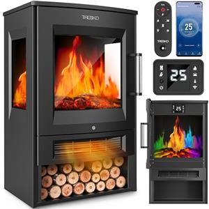 TRESKO Camino elettrico con riscaldamento con telecomando e app WiFi, camino elettrico, 1800 W, effetto fiamma a LED, modalità di colore, termostato, timer, stufa elettrica, camino, camino, 2 livelli