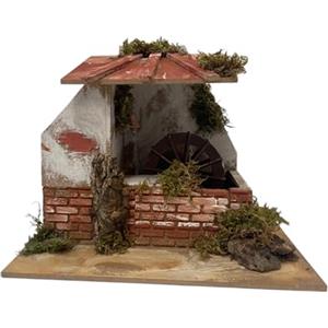 Generico Fontana con Mulino ad acqua con Ruota POZZO Presepe ARTIGIANALE Natale in Legno e Muschio in Resina Scenario Paesaggio Presepio Napoletano casolare Fattoria 25x16X h. 22 cm Pompa inclusa
