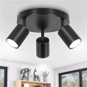 Ketom Faretti da Soffitto Orientabili Base Rotonda, GU10 Lampada Faretti LED Soffitto Neri, Faretto da Parete Moderna, Plafoniera LED con 3 Faretti per Cucina, Cameretta, Senza Lampadina