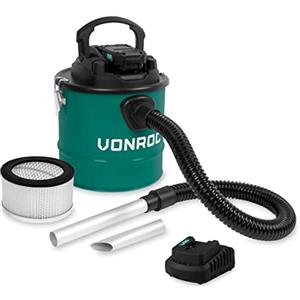 VONROC Aspiracenere a batteria, con filtro HEPA, intercambiabile e lavabile,bidone da 12 L ideale per aspirare ceneri fredde da barbecue, stufe e caminetti, incl. 2.0ah batteria e caricabatteria