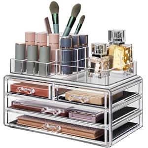 SONGMICS Organizer Trucchi, Porta Cosmetici Impilabile con 11 Scomparti e 4 Cassetti, per Toeletta, Camera da Letto, Bagno, Idea Regalo, Trasparente JKA001TP