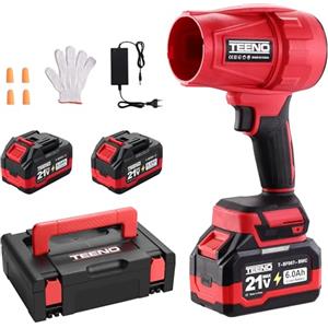 TEENO Soffiatori per foglie | 2x6,0 Ah Batterie | 21 V | Velocità Fissa 116 km/h | 31000 giri/min | Soffiatore Senza Fili | Ultra-Leggero | Con Cassetta Degli Attrezzi | Bicolore Rosso e Nero