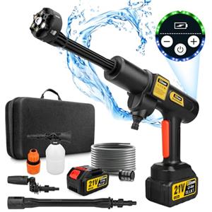 highsam Gisam Idropulitrice a Batteria, Max 943 PSI con 2 x 4000mA Batterie, Spruzzatore di Schiuma, 6 in 1 Multiuso Ugello e 180° Ugello Girevole per Pulire e Irrigazione