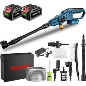 ONEVAN Idropulitrice a Batteria con 2 Batterie 3.0Ah, 6 Funzioni, 3 Marce, 120Bar - Lancia per Idropulitrice Portatile, Pistola per Auto, Patio, Giardino, Pulizia Tappeti