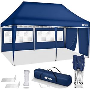tillvex Gazebo 3x6m da Giardino | Gazebo pieghevole regolabile in altezza | Tenda Pop up impermeabile da protezione UV 50+ | Tenda Padiglione + Sacca di Trasporto (Blu - con 3 pannelli laterali)