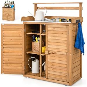 RELAX4LIFE Armadio da Esterno in Legno 87x45x120 cm con Piano in Metallo Zincato, 2 Porte a Doghe, Ripiani Regolabili e 3 Ganci, Ideale per Piante e Attrezzi da Giardinaggio