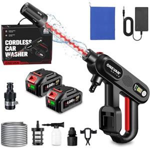 ONEVAN idropulitrice a batteria, 80bar mini idropulitrice portatile con 2 batterie 4,0 Ah, display LCD, ugello 5 in 1, senza fili, con tubo da 5 m, bombola di schiuma, filtro