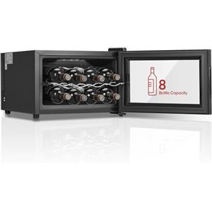 FOHERE Frigorifero per 8 bottiglie, frigorifero da tavolo con porta in vetro, 22 litri LED + display digitale, frigorifero per bevande con porta in vetro, 5-18 °C, zona singola