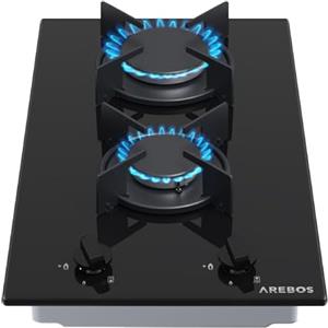 Arebos Piano cottura a gas 30 cm 2 fuochi | Fornello a gas in vetro temperato | Piano cottura da incasso con supporti per pentole in ghisa | Gas naturale e GPL