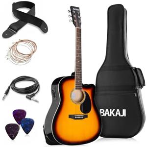 BAKAJI Chitarra Acustica Elettrica 41 Pollici Slim con Custodia, Kit Ricambio Corde, Plettri, Cavo per Amplificatore e Tracolla, Chitarra Folk Forma Cutaway per Adulti e Principianti (Sunburst)