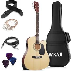 BAKAJI Chitarra Elettro-Acustica 41 Pollici con Custodia, Kit Ricambio Corde, Plettri, Cavo per Amplificatore e Tracolla, Chitarra Folk Forma Cutaway per Adulti e Principianti (Natural)