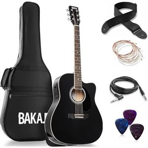 BAKAJI Chitarra Elettro-Acustica 41 Pollici con Custodia, Kit Ricambio Corde, Plettri, Cavo per Amplificatore e Tracolla, Chitarra Folk Forma Cutaway per Adulti e Principianti (Nero)