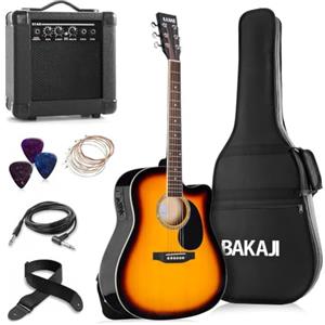 BAKAJI Chitarra Elettro-Acustica 41 Pollici con Amplificatore Custodia, Kit Ricambio Corde, Plettri, Cavo e Tracolla, Chitarra Folk Forma Cutaway Colore Sunburst per Adulti e Principianti