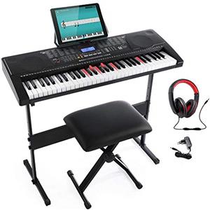 Bakaji Tastiera Musicale Pianola Elettronica 61 Tasti Luminosi Pianoforte Multifunzione con Supporto Sgabello e Cuffie 255 Ritmi50 Brani Ingresso AUX e Leggio per Smartphone/Tablet