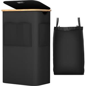 OUSFOT Porta Biancheria Sporca per Bagno 105L, Cesto Portabiancheria con Manico in Bambù, Cesta Panni Sporchi Impermeabile in Tessuto Oxford 600D con Tasca Frontale, per Lavanderia Camera, Nero