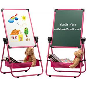 DOEWORKS Lavagna Bambini Cavalletto con U-Supporto, Lavagnas Magnetica per Bambini, Doppio Lato Lavagna Bianca e Nero, Altezza Regolabile & Rotazione a 360°, Rosa