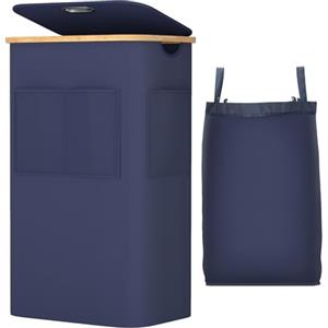 OUSFOT Porta Biancheria Sporca per Bagno 105L, Cesto Portabiancheria con Manico in Bambù, Cesta Panni Sporchi Impermeabile in Tessuto Oxford 600D con Tasca Frontale, per Lavanderia Camera, Blu