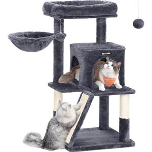 Feandrea Albero per Gatti, Tiragraffi per Gatti, Pali e Rampa Graffiatoio in Sisal Naturale, 2 Pompon Sospesi, Grotta, Cesto, Trespolo di Peluche, Grigio Fumo PCT51G