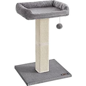 Feandrea Albero per Gatti, Tiragraffi con Piattaforma in Peluche da 40 x 30 cm, Graffiatoio per Gatti, Alto 71 cm, Colonna con Sisal Intrecciato, Base 45 x 40 cm, con Pompon, Grigio Chiaro PCA022W01