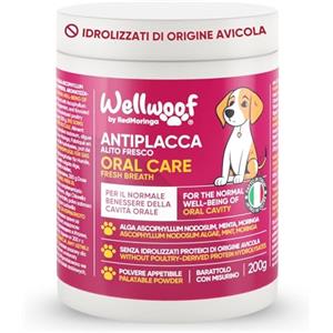 Wellwoof Integratore per Pulizia Denti Cane | Integratore in Polvere per Rimozione Tartaro Cane | con Alghe Ascophyllum nodosum (75%), Moringa e Menta Piperita | Senza Additivi Artificiali | 200 gr - WELLWOOF