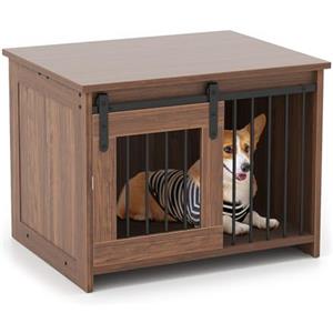 COSTWAY Cuccia per Cani da Esterno ed Interno, Gabbia in Legno con Ampio Piano Superiore, Porta Scorrevole, Tubi in Metallo Resistenti alla Masticazione, Casetta per Cani Piccoli e Medie (Marrone)