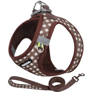 AIITLE Pettorina e guinzaglio anti-tiro per cani, set di imbracature in morbida rete per cuccioli e gatti di piccola taglia, imbracatura a quadri per animali domestici, cioccolato XXS