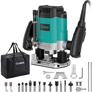 Stanew Fresatrice Verticale Elettrica 1200 W 16000-30000 RPM STANEW, Fresatrice per Legno Multifunzionale con Set di 12 frese,6 Velocità, Regolazione Della Profondità Della Fresa.