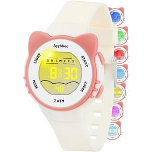 Ayybboo Orologio per Bambini,Orologio Illuminato a 7 Colori,Orologio Digitale per Bambina Impermeabile 3ATM per Bambini e Bambine da 4 a 12 Anni (Bianco)