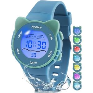 Ayybboo Orologio Bambino con 7 Luci Colorate,Orologio Digitale per Bambini Impermeabile 3ATM per Ragazze e Ragazzi 4 a 12 Anni Regalo (Blu)