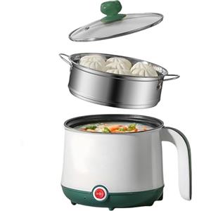 PORFOYO Mini fornello antiaderente, 1,8 l, pentola elettrica, pentola portatile, mini fornello portatile per bistecca, pasta, uova, avena, ramen, con vapore, verde (bianco + verde)