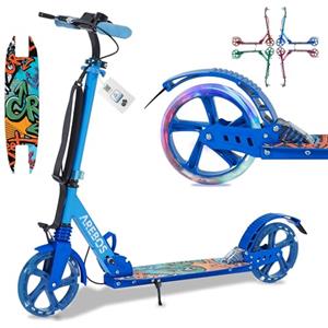 Arebos City Scooter a pedali regolabile in altezza | richiudibile | inclusa cinghia di trasporto | ruote a LED | freno a pedale manuale | sospensioni anteriori e posteriori | bambini e adulti | Blu