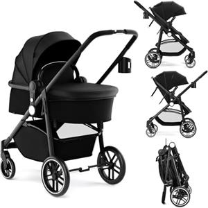 RELAX4LIFE Passeggino Pieghevole per Bambini, Carrozzina Convertibile con Seduta Reversibile, Capottina Regolabile, Cestino e Cintura di Sicurezza a 5 Punti, Pratico Passeggino da Viaggio (Nero)