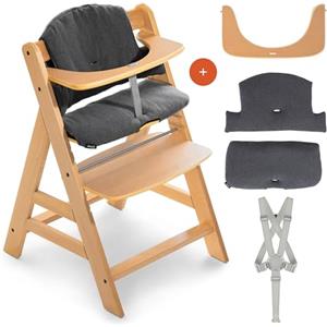 hauck Seggiolone Alpha Plus - Seggiolone Pappa in Legno Evolutivo con Imbracatura a 5 punti, Barra di Protezione e Cuscino Premium - (Legno/Charcoal)