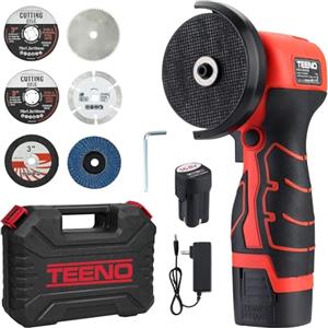 TEENO Smerigliatrice Angolare a Batteria TEENO 19.500 RPM, Mini Flessibile con 2 Batterie 2000mAh e 6 Dischi da Taglio 76mm Kit Completo
