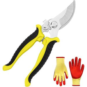OFFCUP Forbici da Giardinaggio Forgiate, 2Pcs Cesoie a Mano, Forbici Cesoie da Potatura con Guanti da Giardinaggio, Cesoie Potatura, Forbici da Potatura in Acciaio Inossidabile per Rami Radici,Giallo
